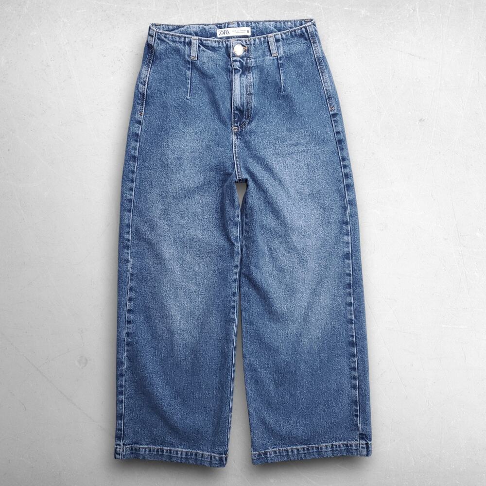 Zara High Rise Wide Leg Crop Jeans Pleated‎ Waist Flat Front Women 4 Medium Blue
